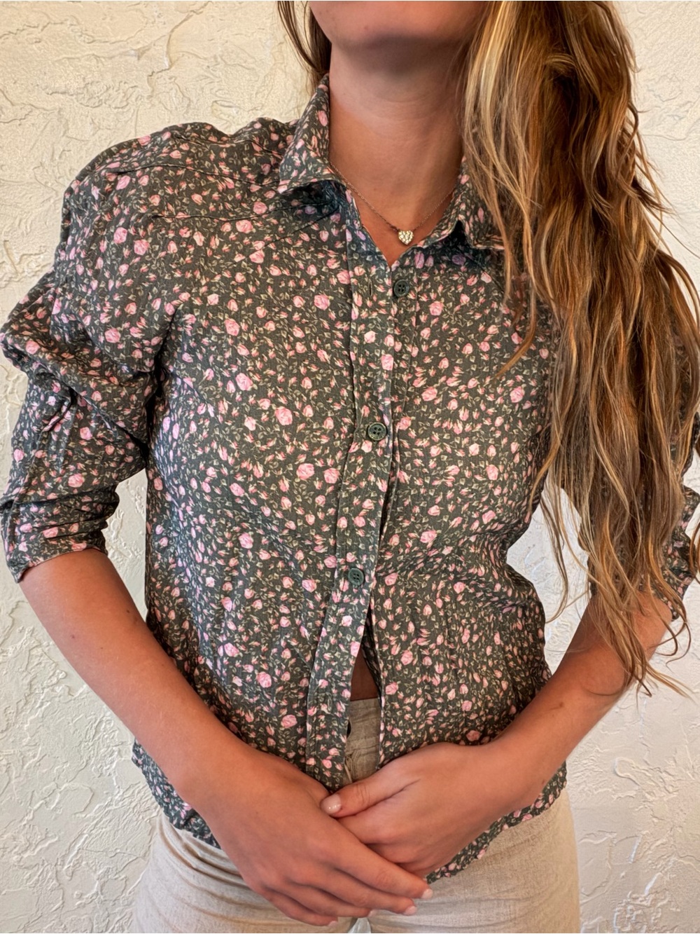 Maje Pink Rose Bud Button-Up Shirt on Olive